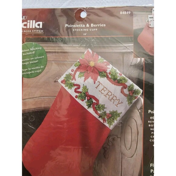 Bucilla Crosstitch Kit Poinsettia Berries Christmas Stocking 18" Cuff 84849 NOS - Picture 4 of 5